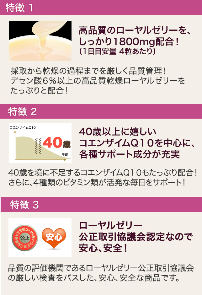 40歳からのローヤルゼリーの3つの特徴